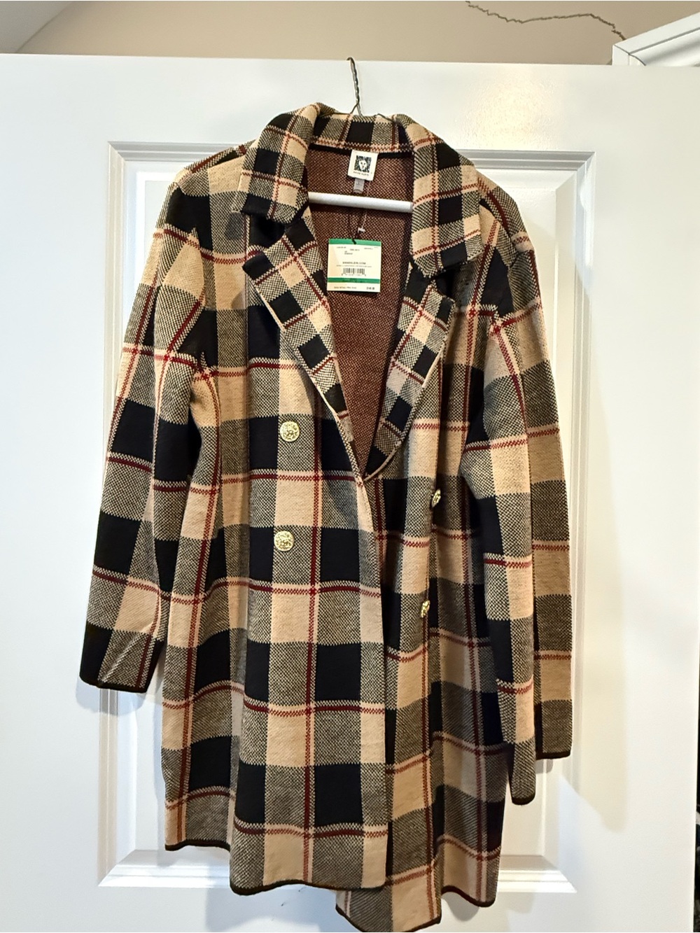 Anne Klein Beige, Black and Brown Plaid Double-Breasted Pea Coat